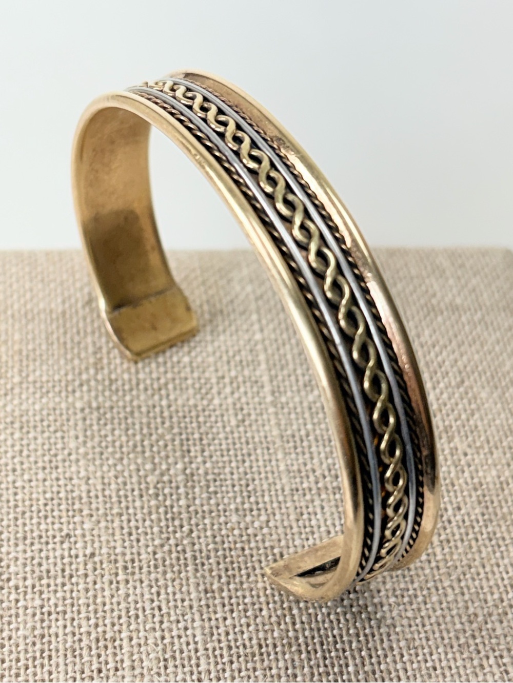 Mixed Metal Braided Silver Brass Gold-Tone Braided Open Cuff Bracelet